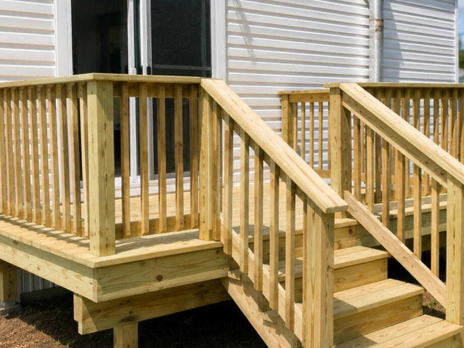 New pressure-treated deck and stairs Finished pressure-treated wood deck with railings and stairs in Myrtle Beach