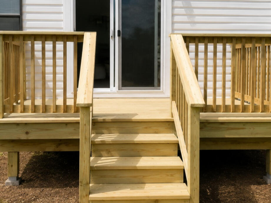Completed deck—straight-on view Completed pressure-treated deck with centered stairs and wood railings